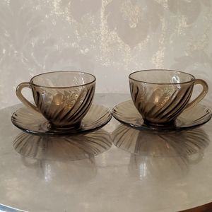 Arcoroc smoked glass tea cups and saucers set of 2